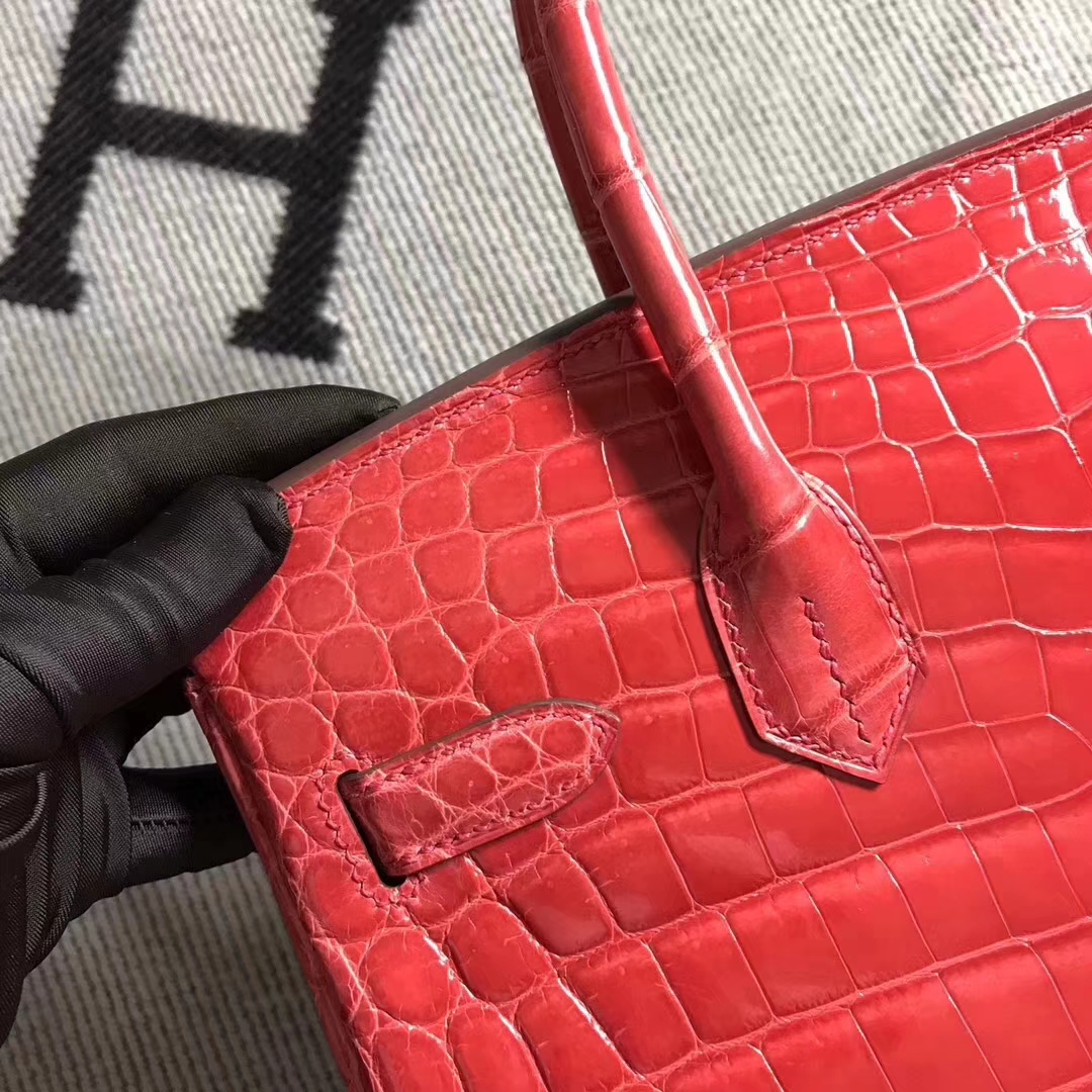 Discount Hermes Rose Peach Niloticus Shiny Crocodile Birkin Bag30CM Gold Hardware