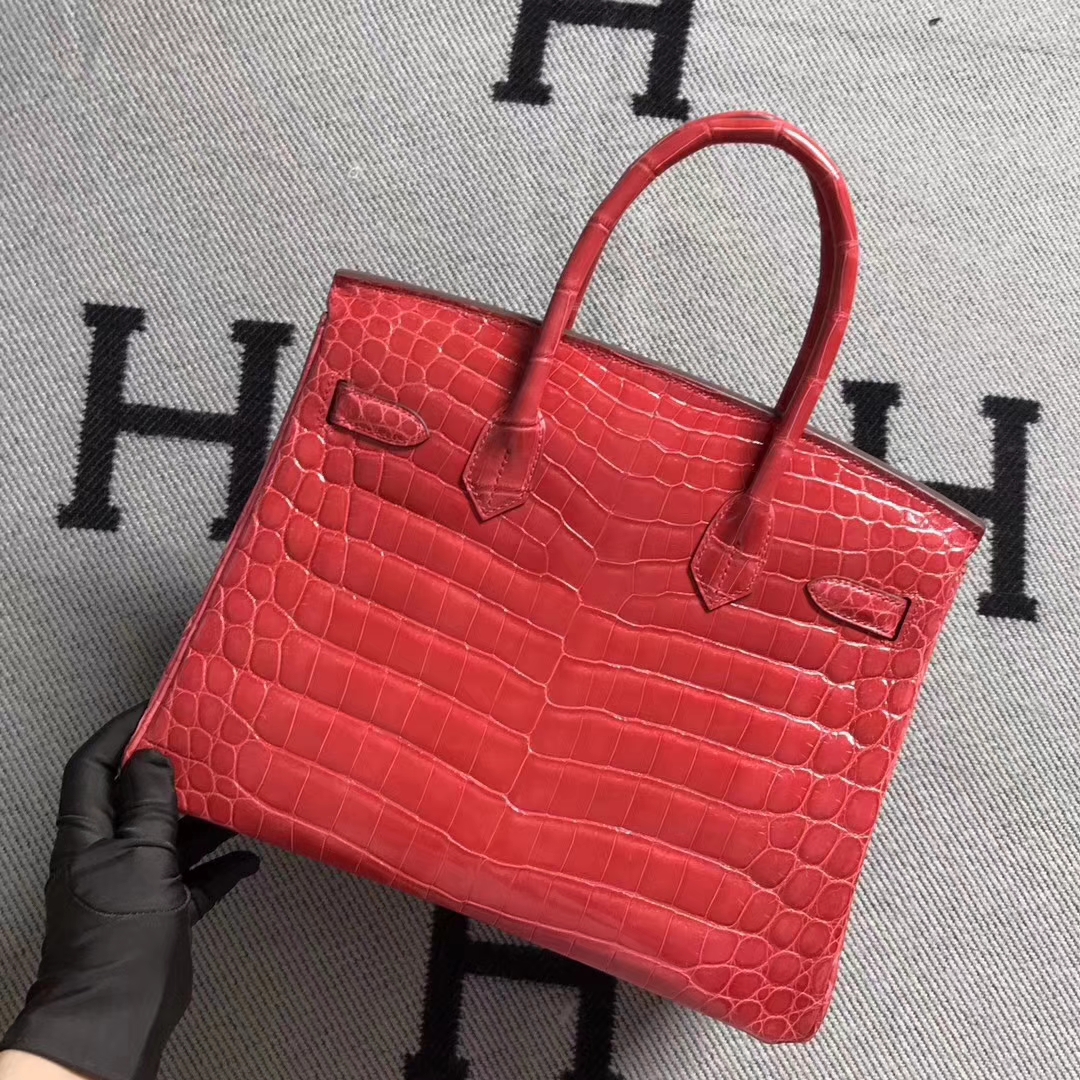 Discount Hermes Rose Peach Niloticus Shiny Crocodile Birkin Bag30CM Gold Hardware