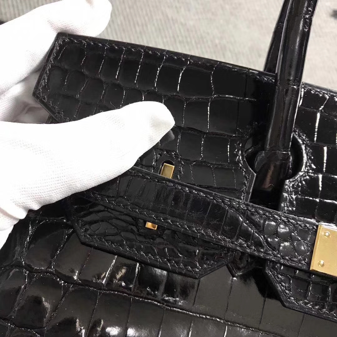 Noble Hermes CK89 Black Shiny Crocodile Leather Birkin30CM Bag Gold Hardware