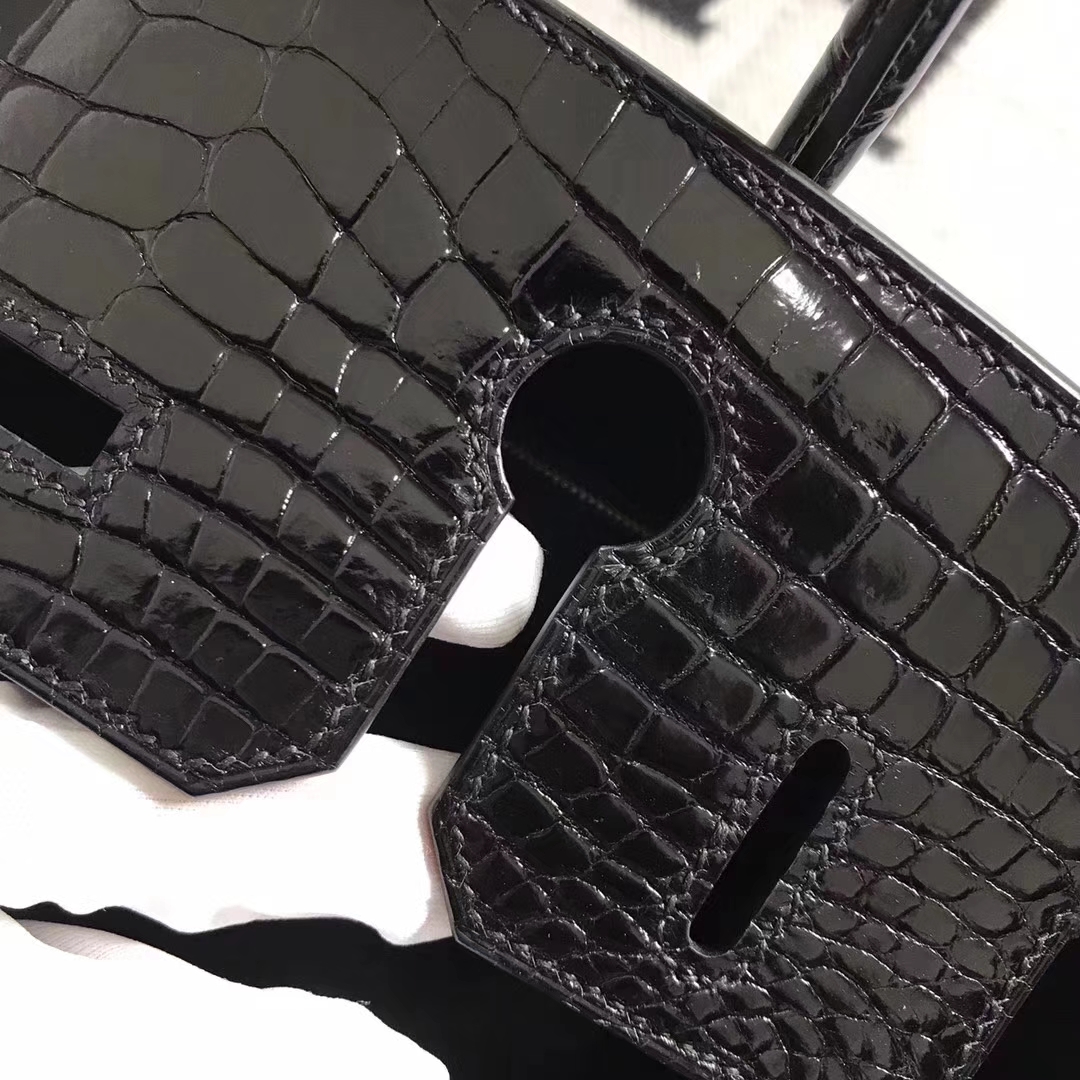 Noble Hermes CK89 Black Shiny Crocodile Leather Birkin30CM Bag Gold Hardware