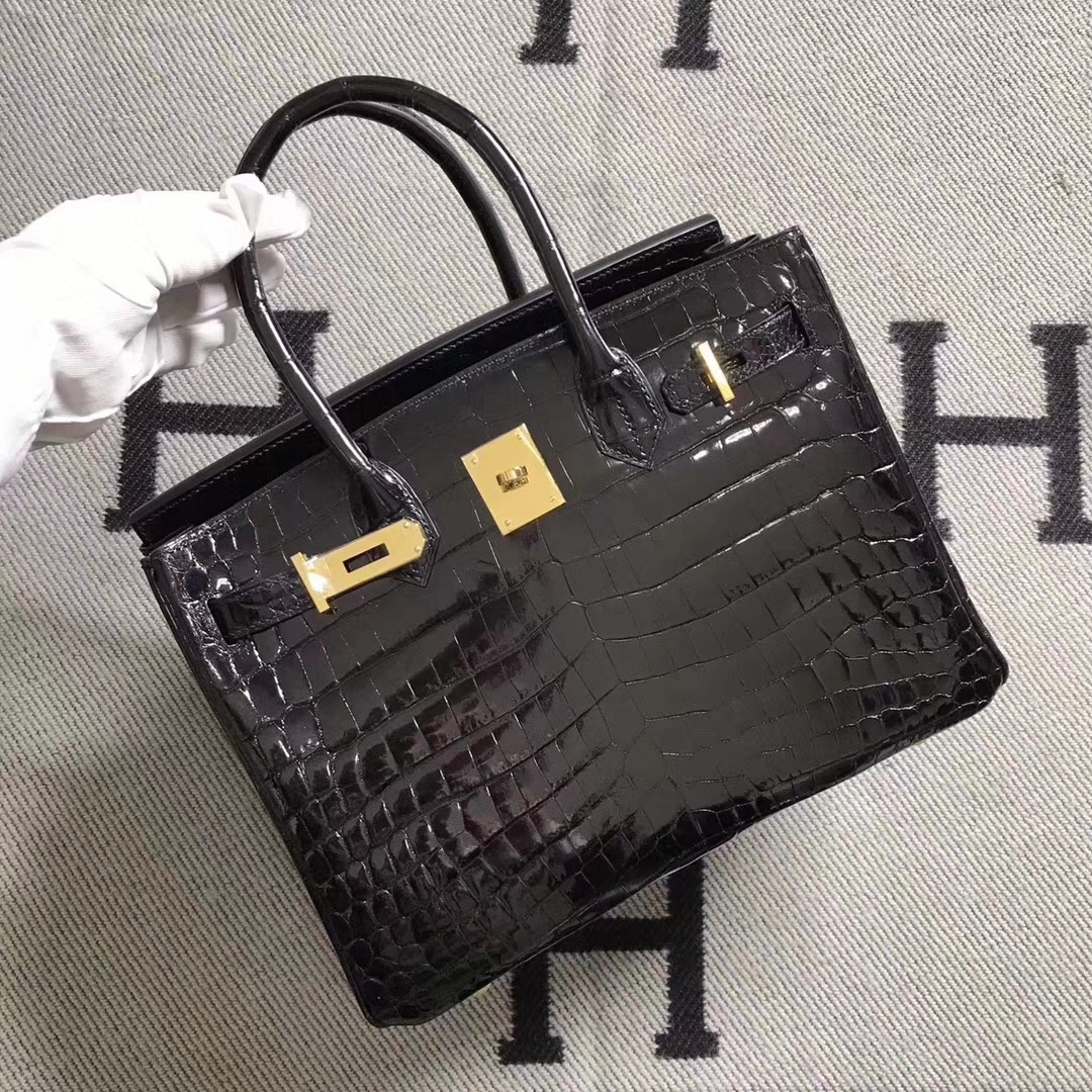 Noble Hermes CK89 Black Shiny Crocodile Leather Birkin30CM Bag Gold Hardware
