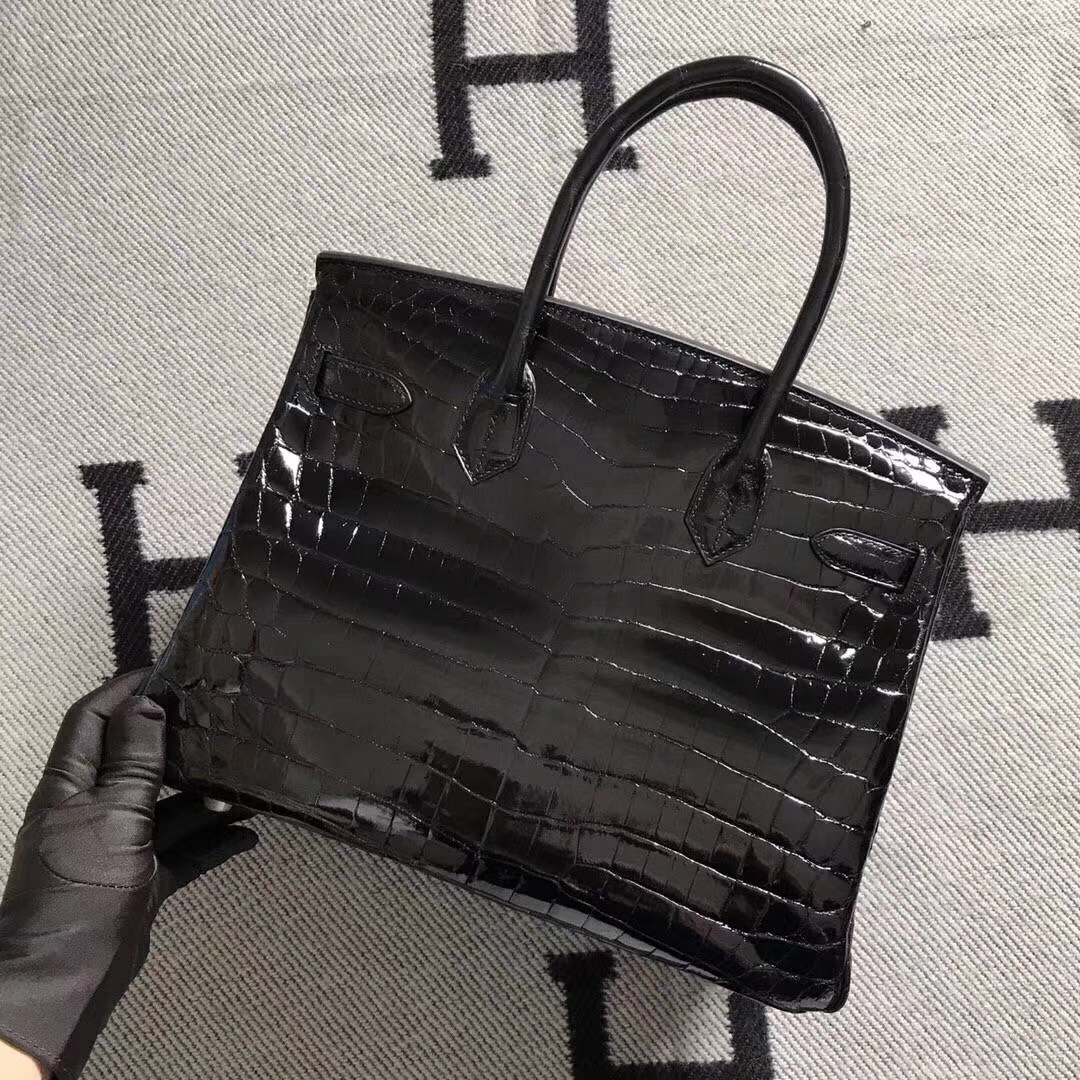 Luxury Hermes CK89 Black Niloticus Shiny Crocodile Birkin Bag30CM Silver Hardware