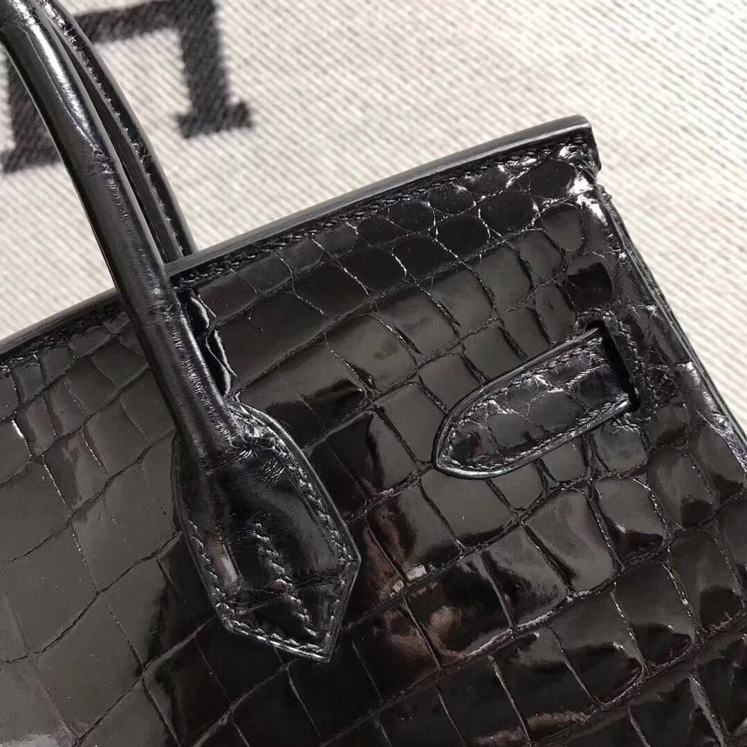 Luxury Hermes CK89 Black Niloticus Shiny Crocodile Birkin Bag30CM Silver Hardware