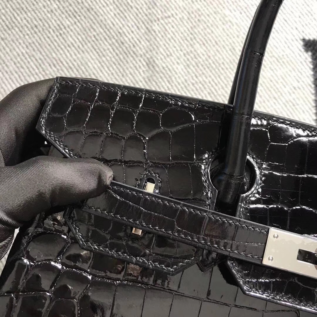 Luxury Hermes CK89 Black Niloticus Shiny Crocodile Birkin Bag30CM Silver Hardware