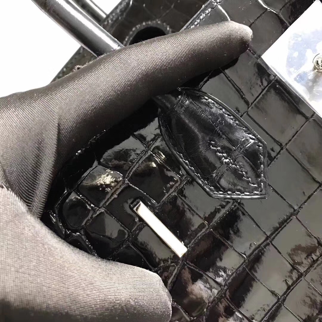 Luxury Hermes CK89 Black Niloticus Shiny Crocodile Birkin Bag30CM Silver Hardware