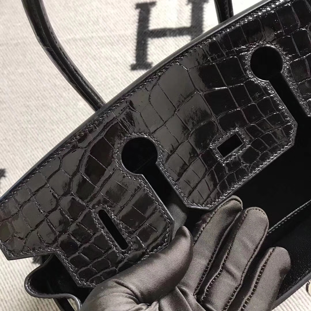 Luxury Hermes CK89 Black Niloticus Shiny Crocodile Birkin Bag30CM Silver Hardware