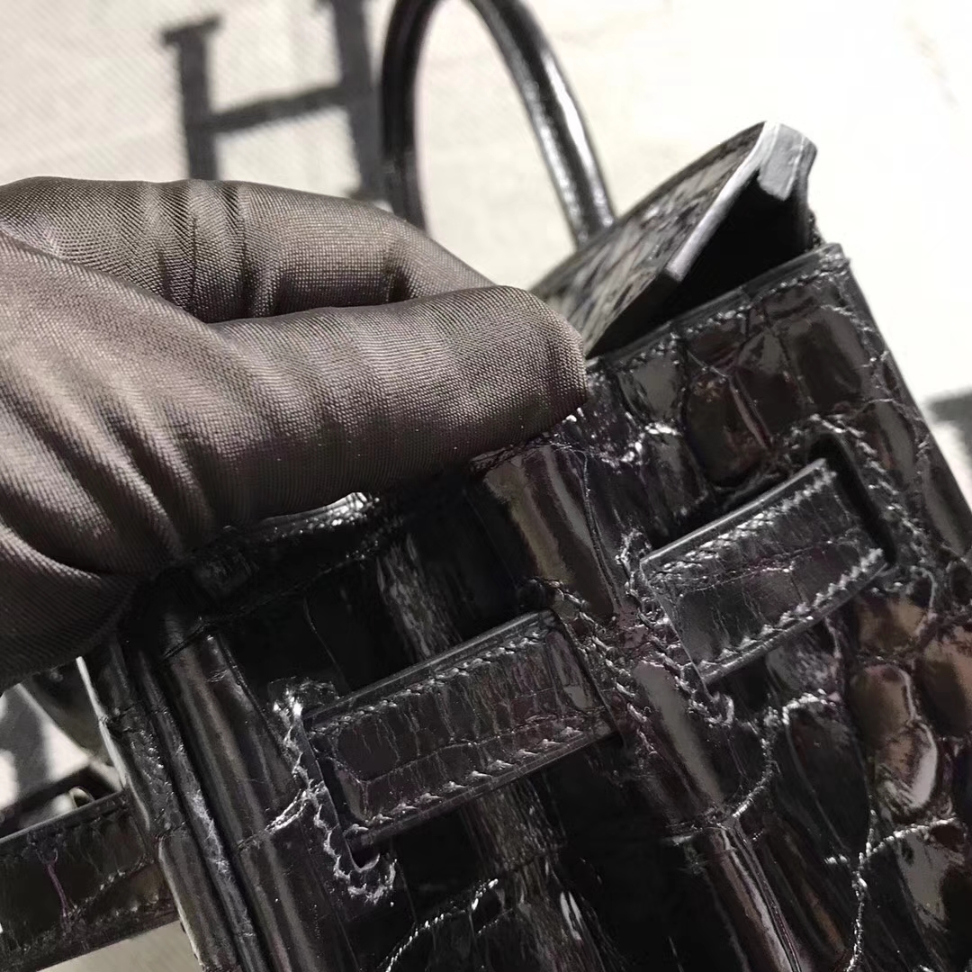 Luxury Hermes CK89 Black Niloticus Shiny Crocodile Birkin Bag30CM Silver Hardware