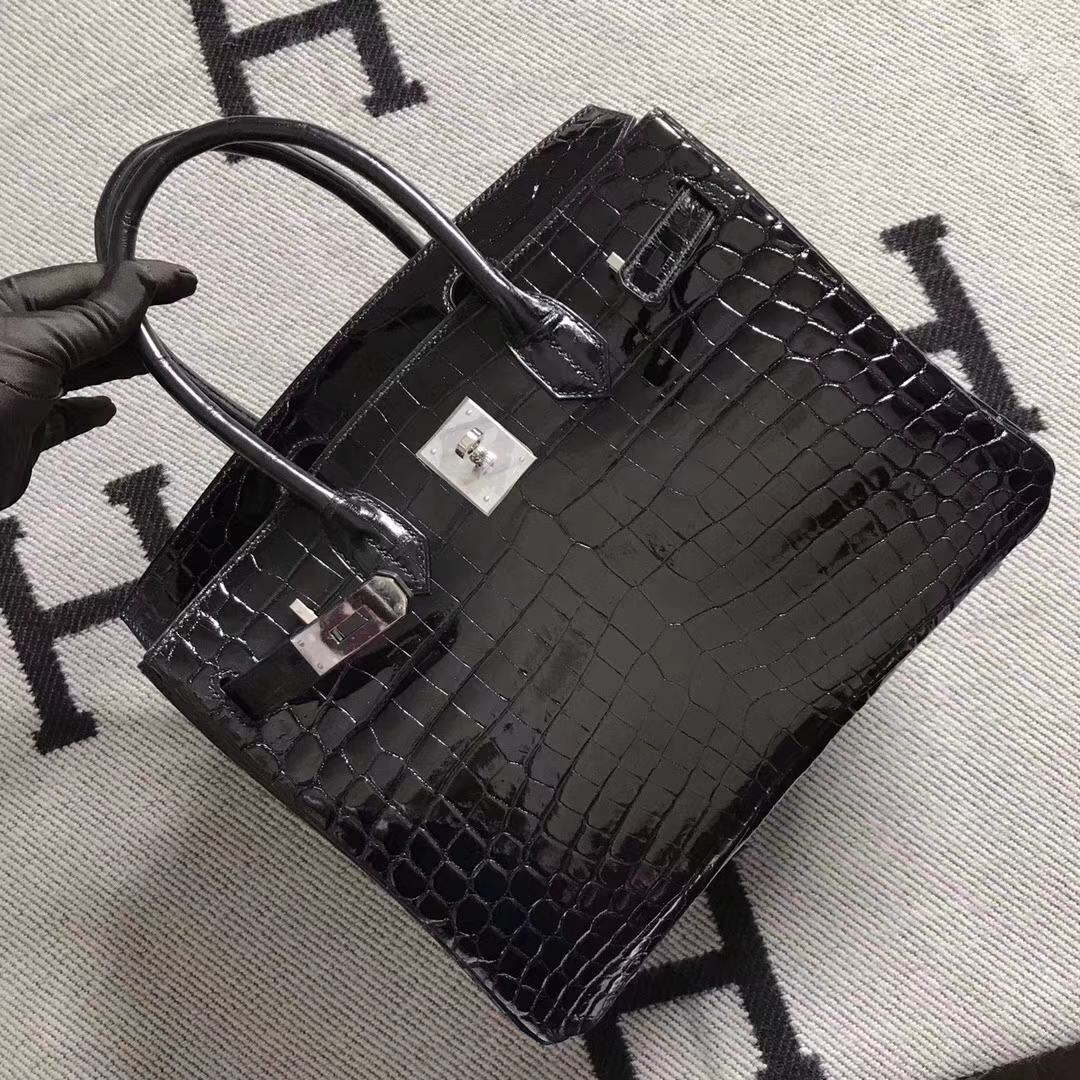 Luxury Hermes CK89 Black Niloticus Shiny Crocodile Birkin Bag30CM Silver Hardware