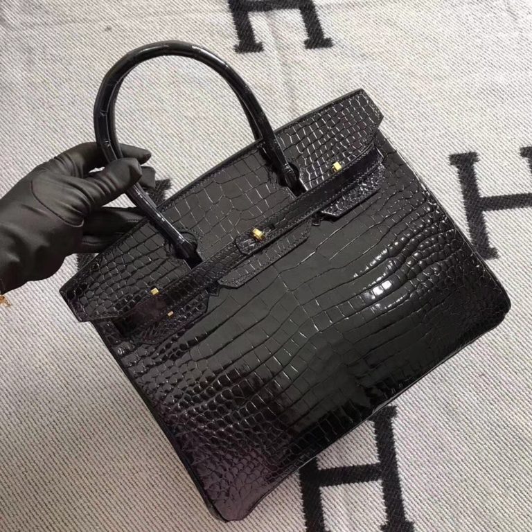 Hermes Shiny Crocodile Leather Birkin 30CM Bag in CK89 Black Gold Hardware