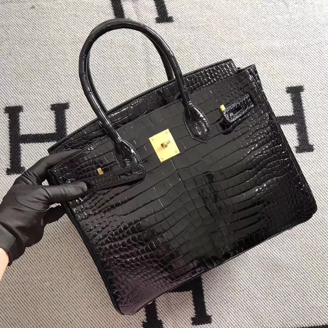Noble Hermes Shiny Crocodile Leather Birkin30CM Bag in CK89 Black Gold Hardware