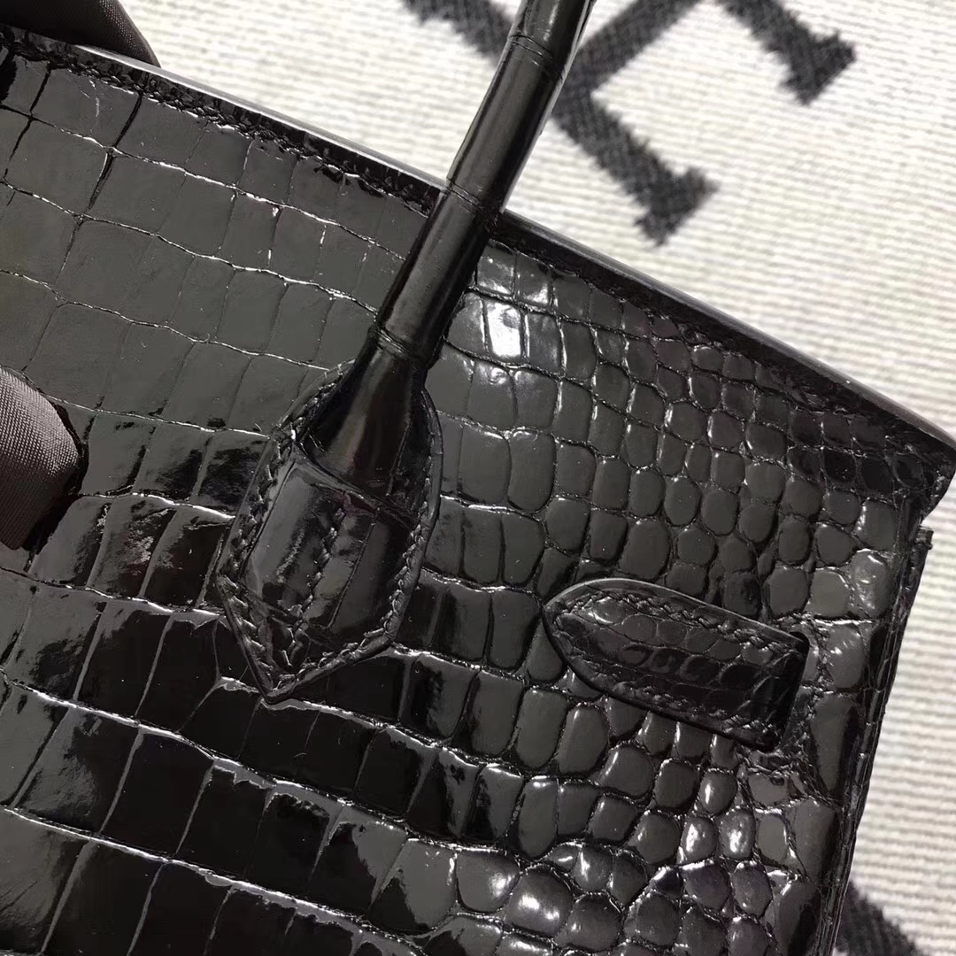 Noble Hermes Shiny Crocodile Leather Birkin30CM Bag in CK89 Black Gold Hardware