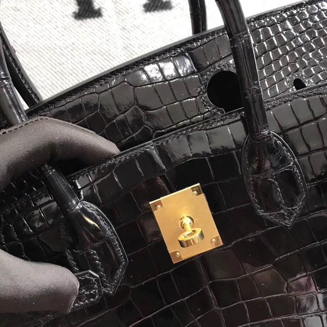 Noble Hermes Shiny Crocodile Leather Birkin30CM Bag in CK89 Black Gold Hardware