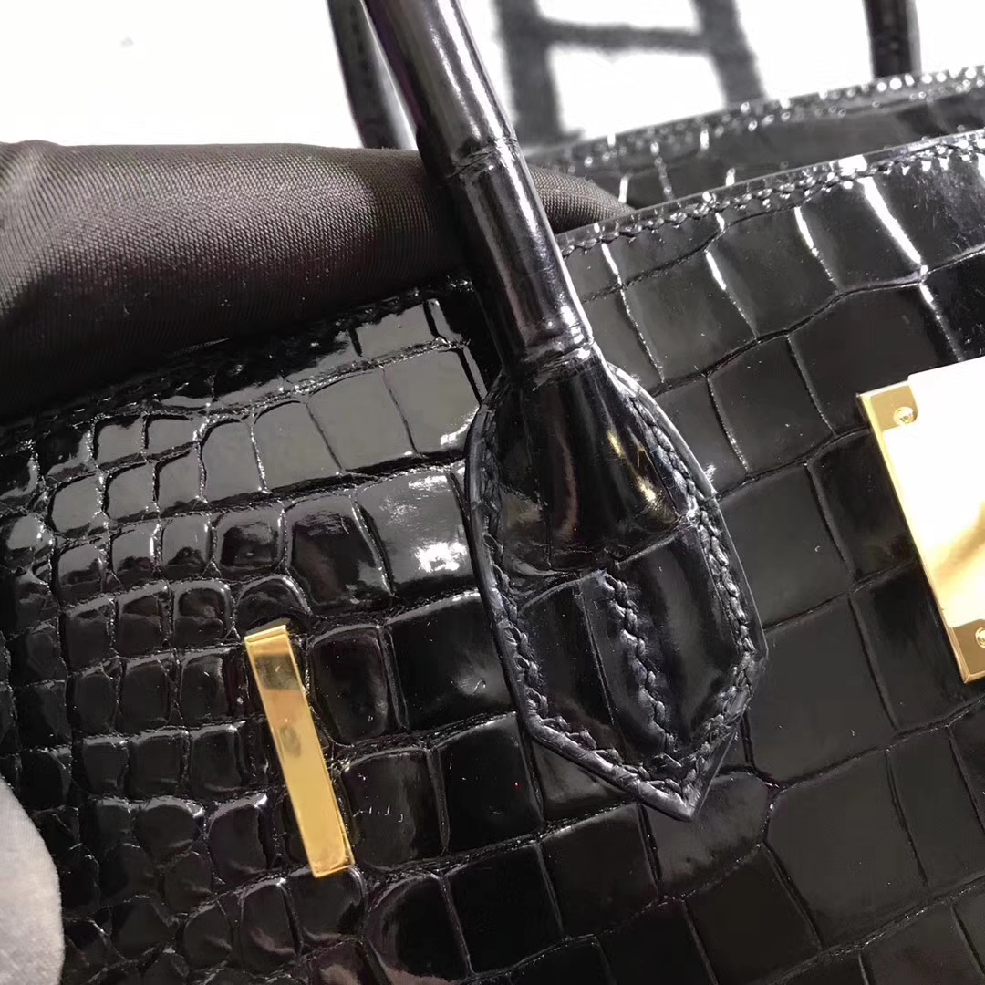 Noble Hermes Shiny Crocodile Leather Birkin30CM Bag in CK89 Black Gold Hardware