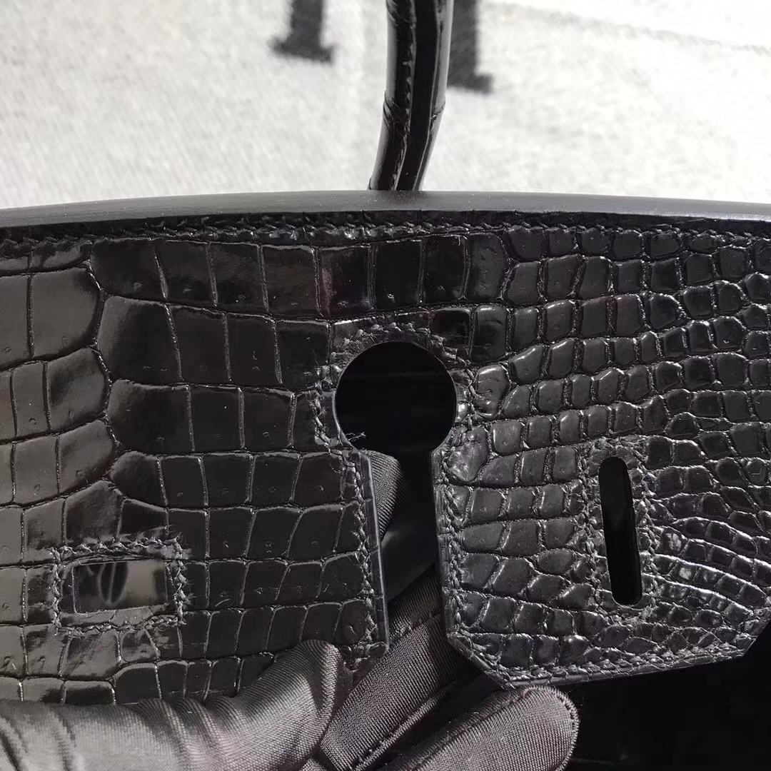 Noble Hermes Shiny Crocodile Leather Birkin30CM Bag in CK89 Black Gold Hardware
