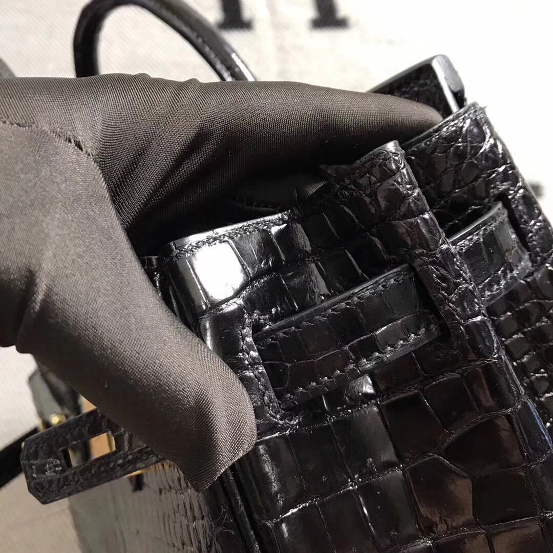 Noble Hermes Shiny Crocodile Leather Birkin30CM Bag in CK89 Black Gold Hardware