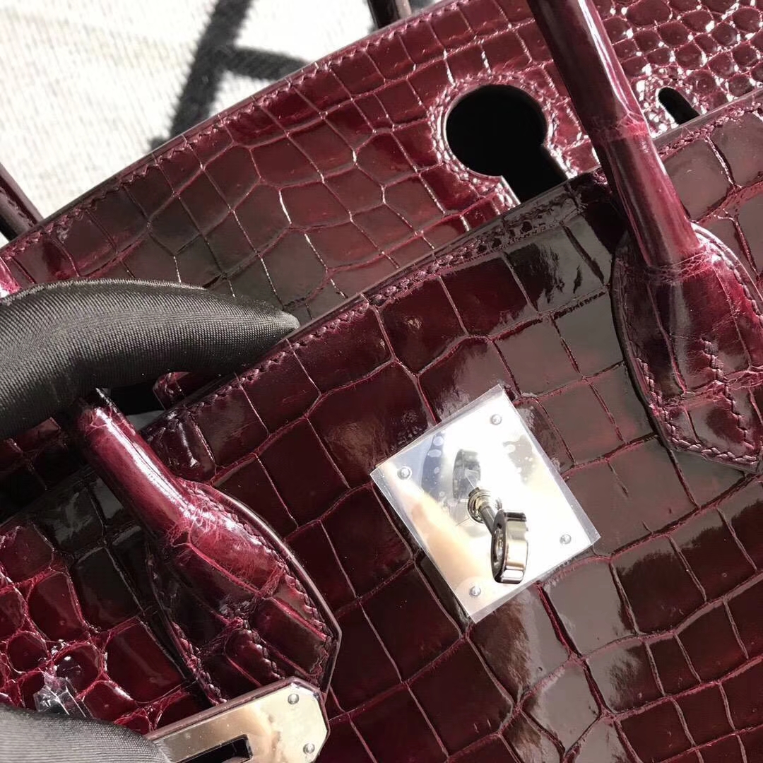Noble Hermes Bordeaux Red Shiny Crocodile Leather Birkin Bag30CM Silver Hardware