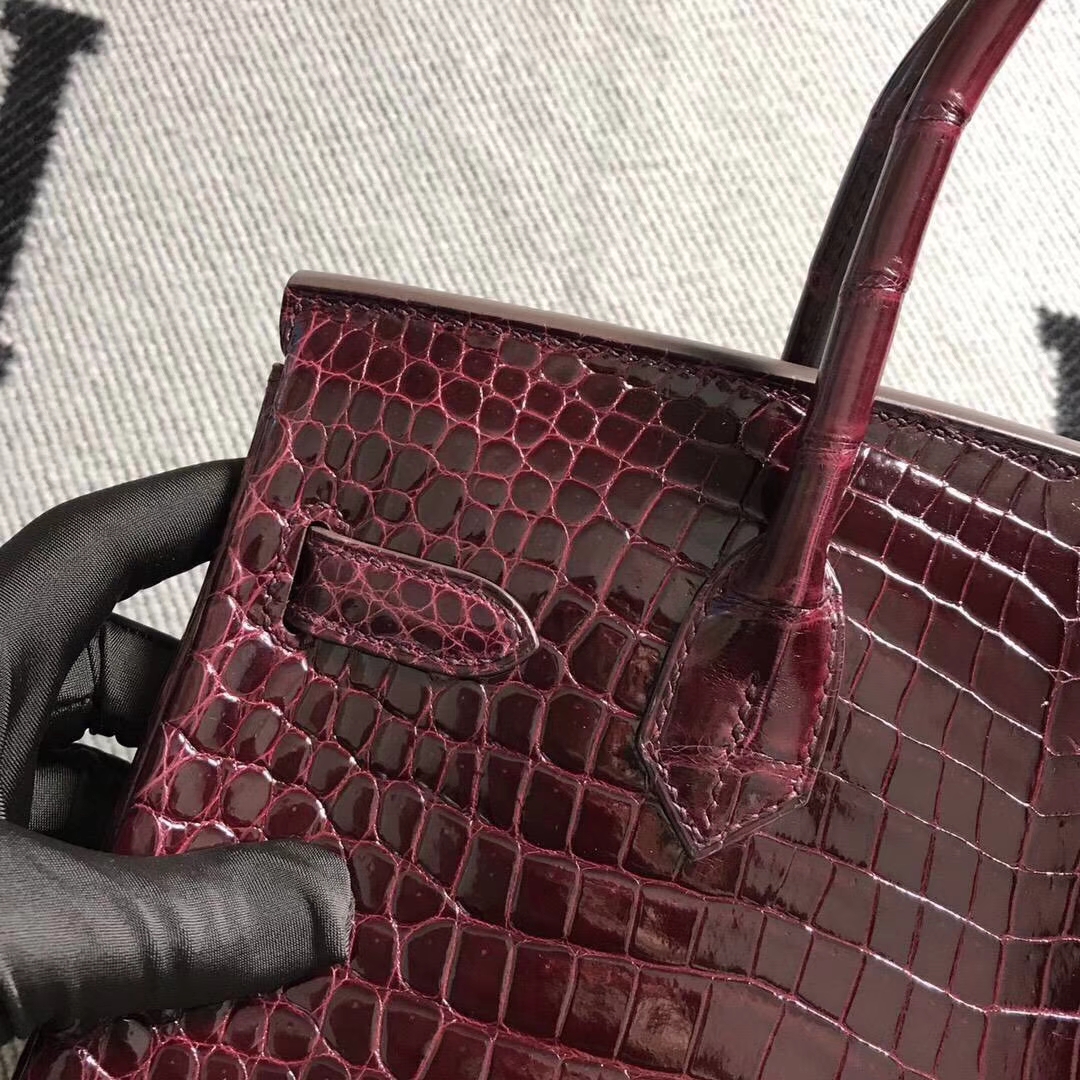 Noble Hermes Bordeaux Red Shiny Crocodile Leather Birkin Bag30CM Silver Hardware