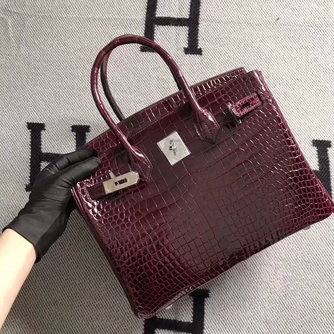 Noble Hermes Bordeaux Red Shiny Crocodile Leather Birkin Bag30CM Silver Hardware