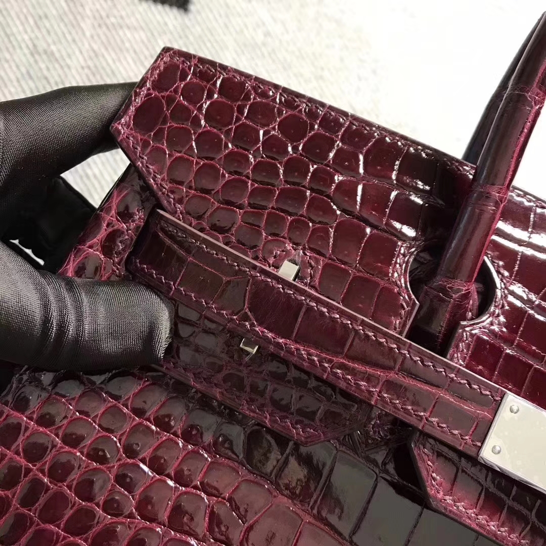 Noble Hermes Bordeaux Red Shiny Crocodile Leather Birkin Bag30CM Silver Hardware