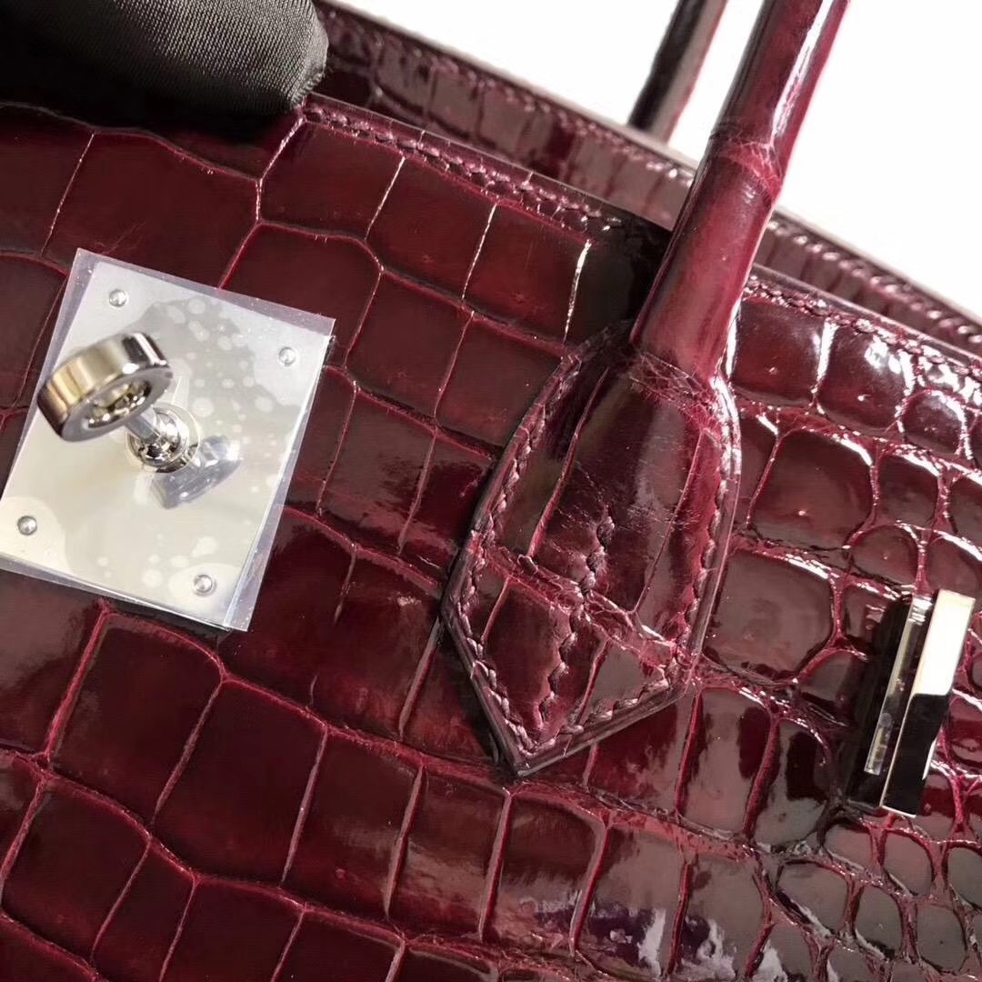 Noble Hermes Bordeaux Red Shiny Crocodile Leather Birkin Bag30CM Silver Hardware
