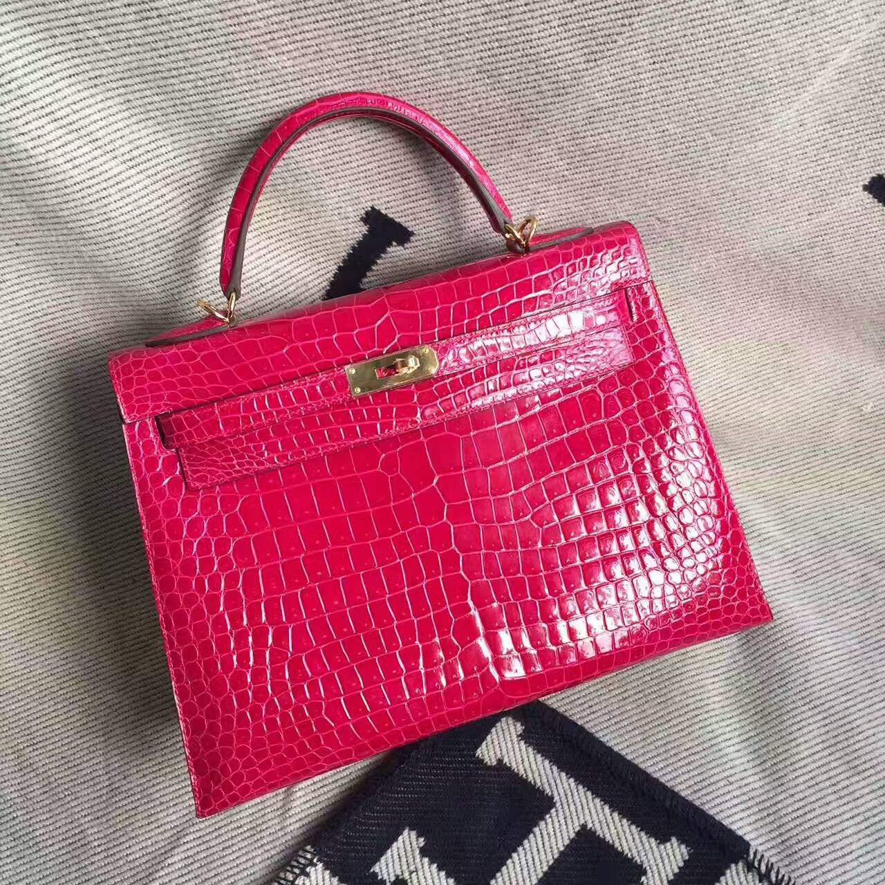 Noble Hermes Crocodile Shiny Leather Kelly Bag32cm in  J5 Rose Scheherazade