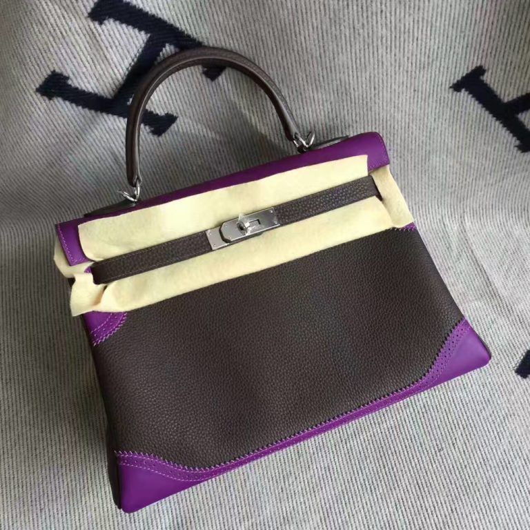 Hermes Coffee & Purple Togo Calfskin Leather Ghillie Kelly Bag 32CM