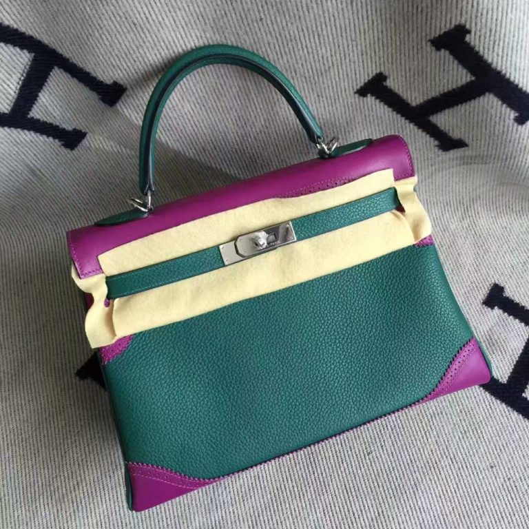 Hermes Ghillie Kelly 32CM Handbag in Malachite & Purple Togo Leather