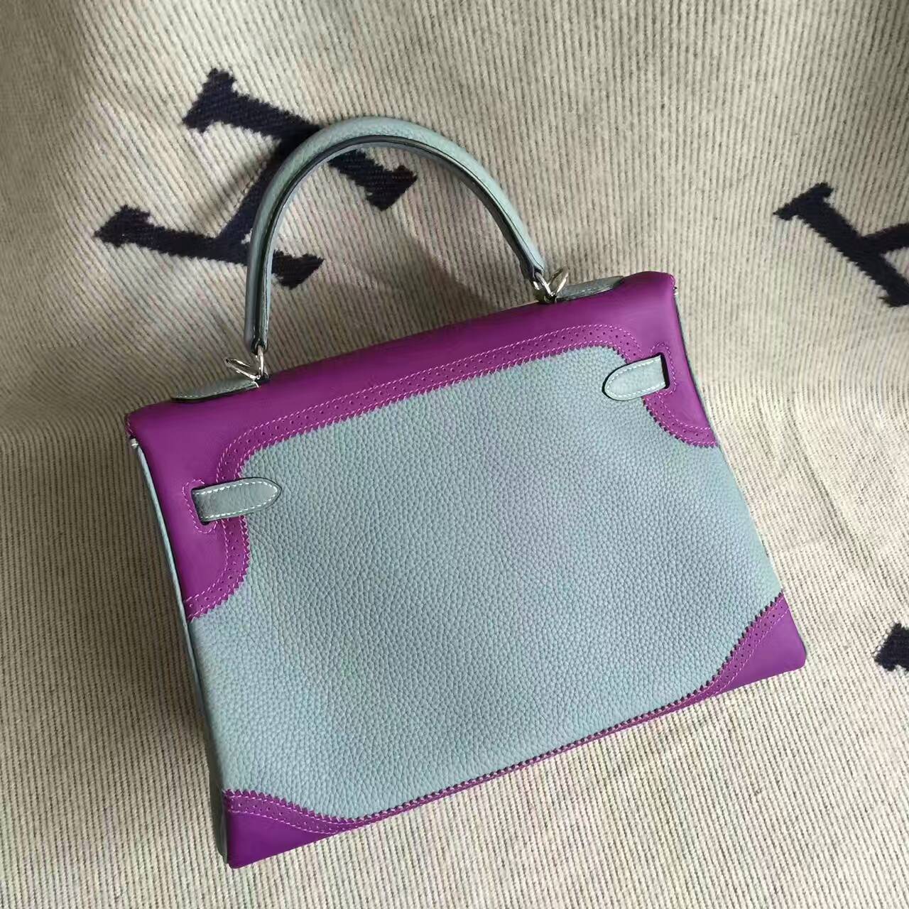 Hand Stitching Hermes Light Blue &#038; Purple Togo Leather Ghillie Kelly Bag32CM