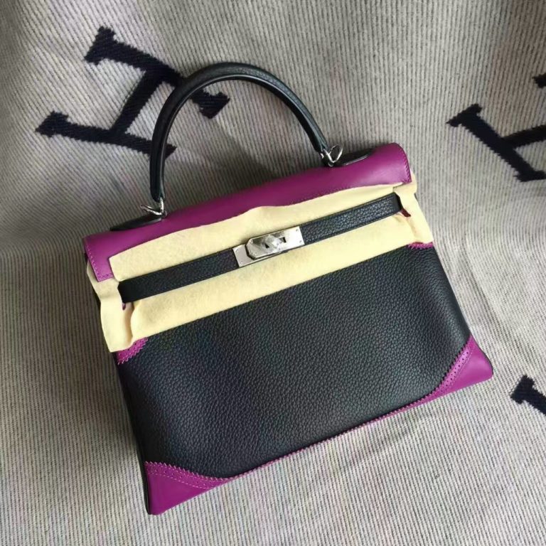 Hermes Ghillie Kelly Bag 32CM in Black & Purple Togo Calfskin Leather