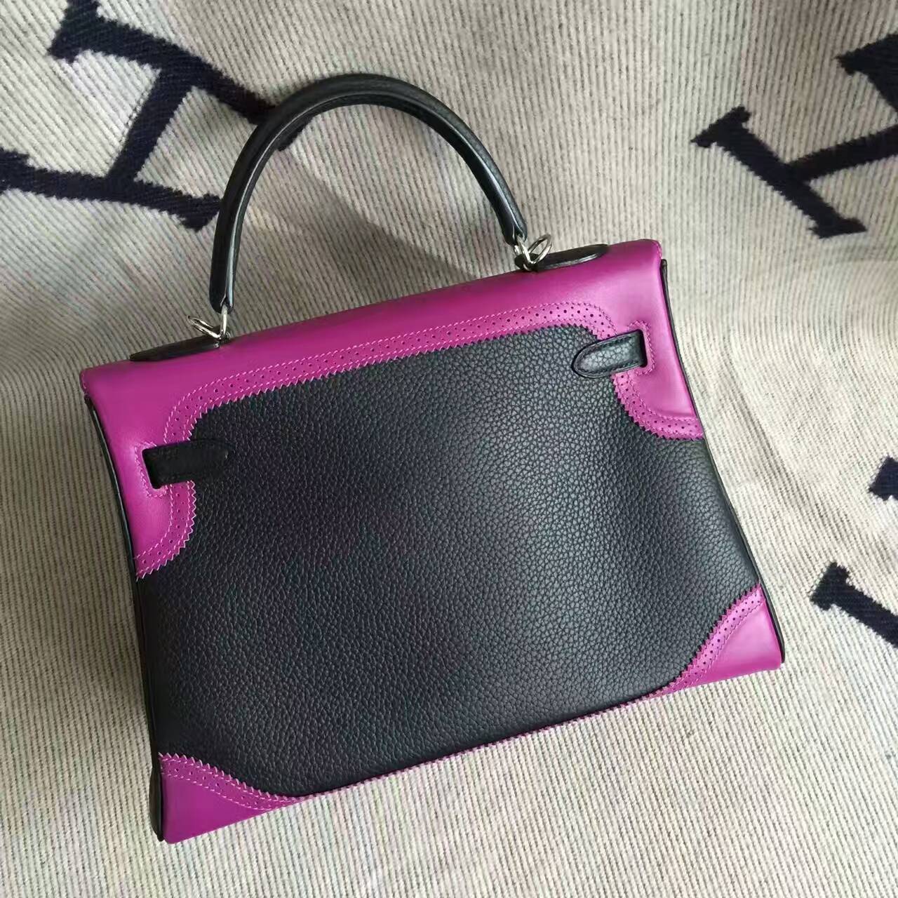 Sale Hermes Ghillie Kelly Bag32CM in Black &#038; Purple Togo Calfskin Leather