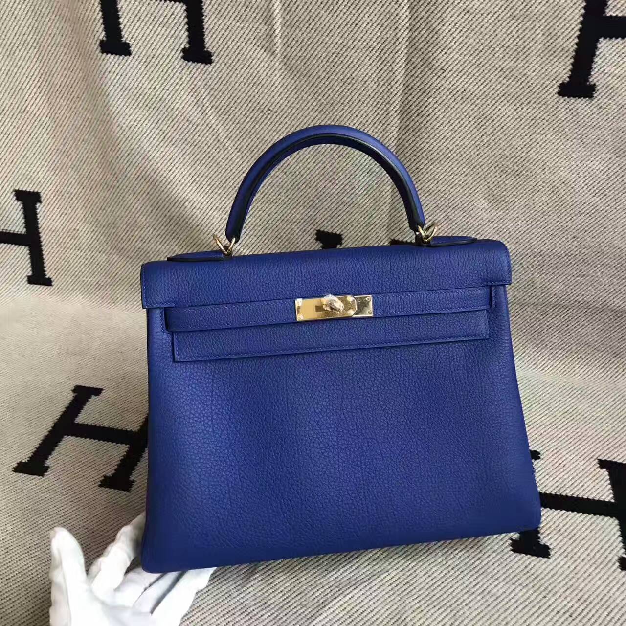 Wholesale Hermes 7T Blue Electric Togo Leather Retourne Kelly32cm Handbag