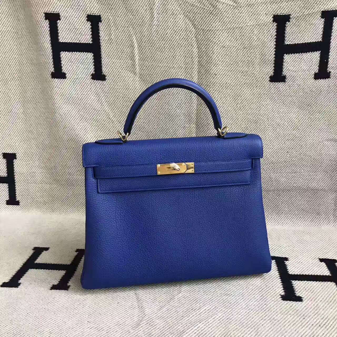 Wholesale Hermes 7T Blue Electric Togo Leather Retourne Kelly32cm Handbag