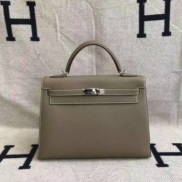 Hand Stitching Hermes C 18 Etoupe Grey Epsom Leather Kelly Bag  32CM
