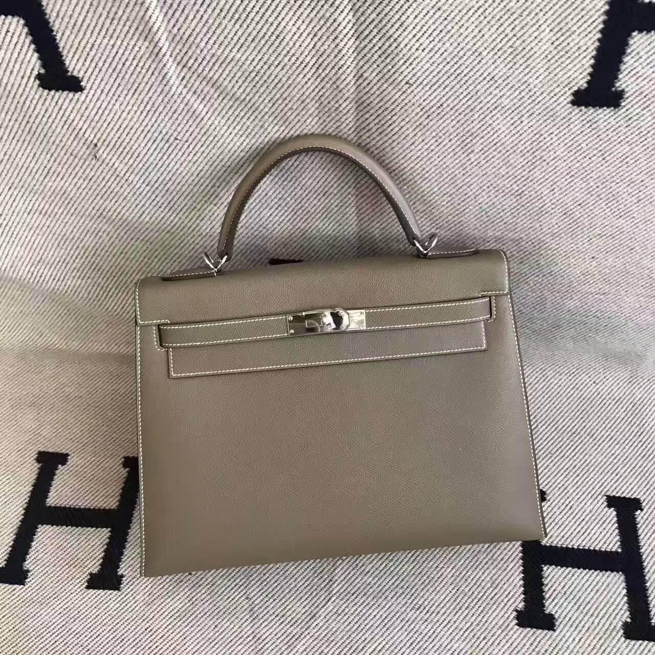 Hand Stitching Hermes C18 Etoupe Grey Epsom Leather Kelly Bag 32CM