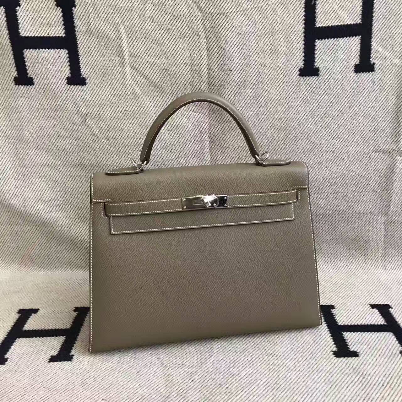 Hand Stitching Hermes C18 Etoupe Grey Epsom Leather Kelly Bag 32CM