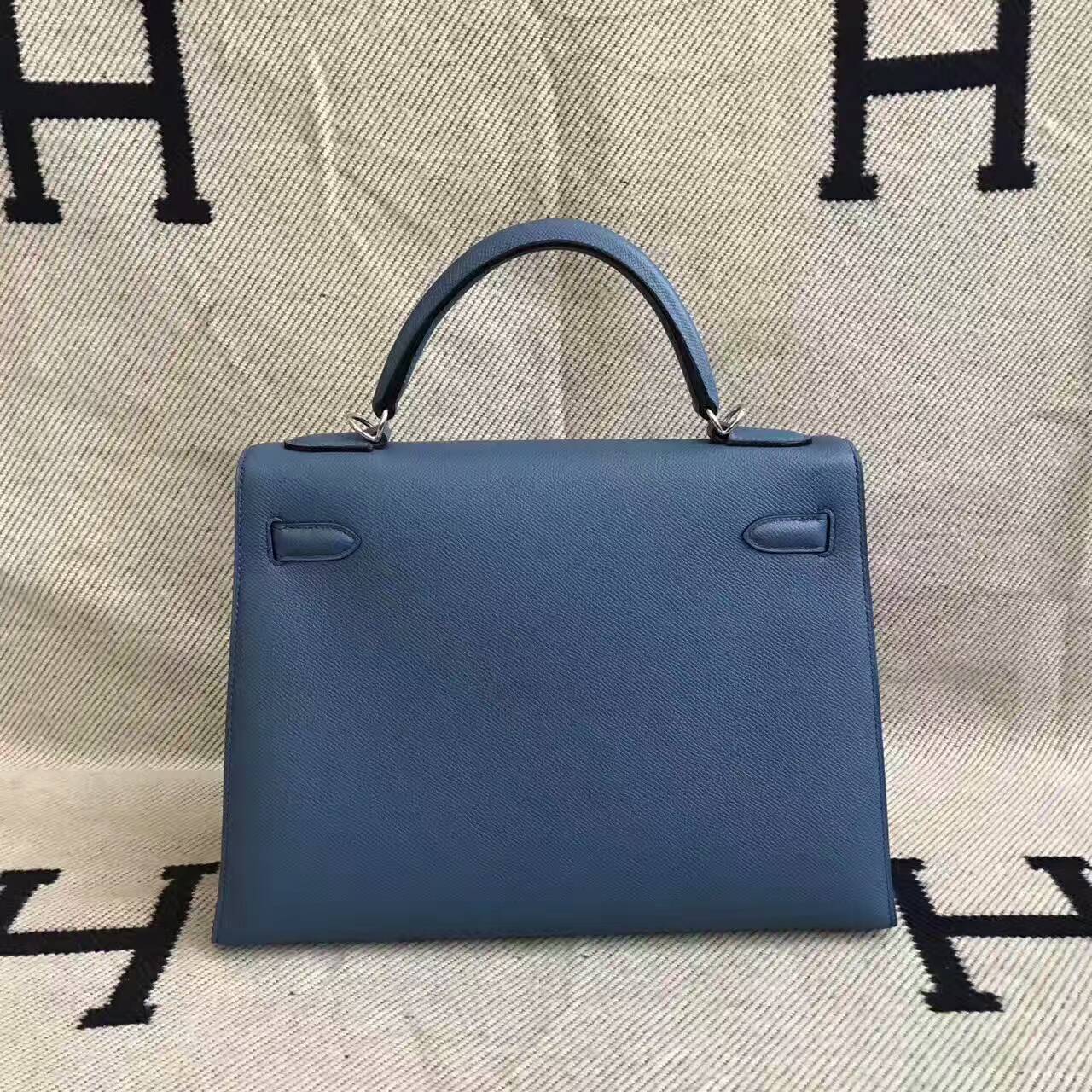 Hand Stitching Hermes Kelly Bag 32CM in 2R Agate Blue Epsom Leather