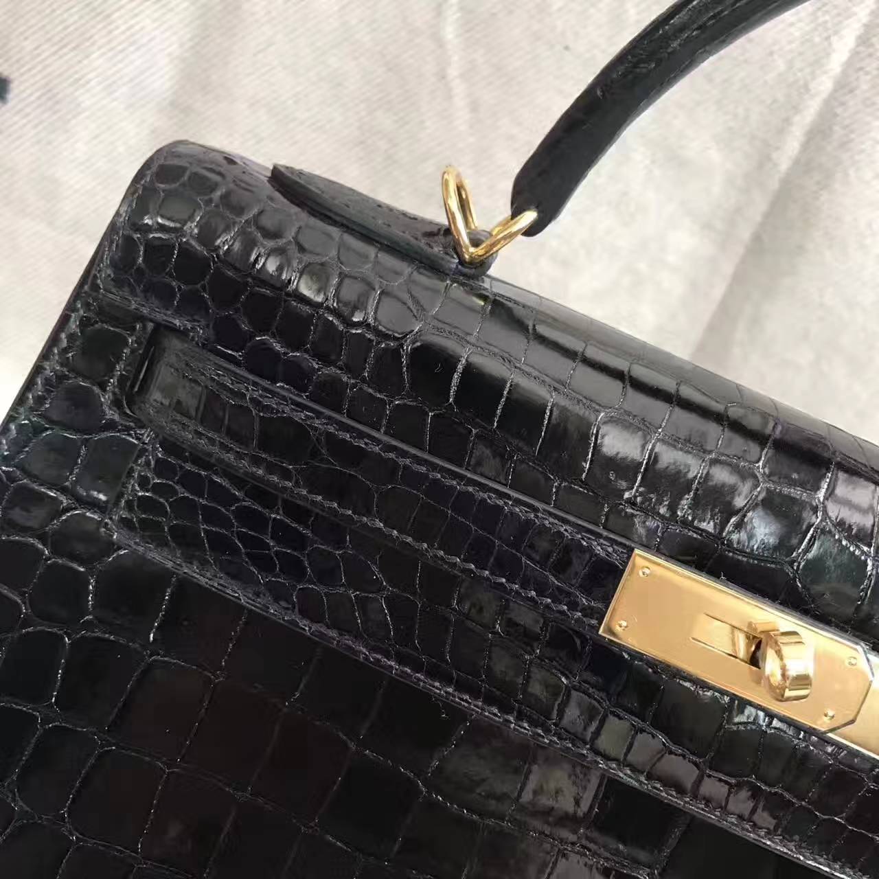 Wholesale Hermes CK89 Black Crocodile Shiny Leather Kelly 32cm Handbag