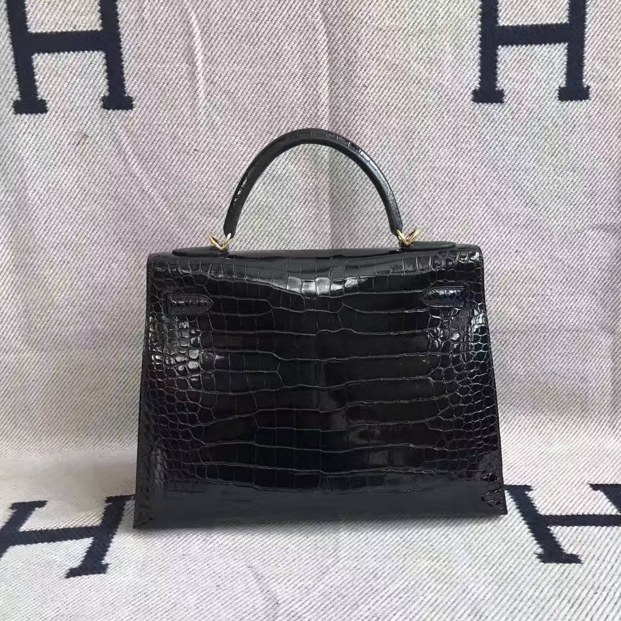 Wholesale Hermes CK89 Black Crocodile Shiny Leather Kelly 32cm Handbag