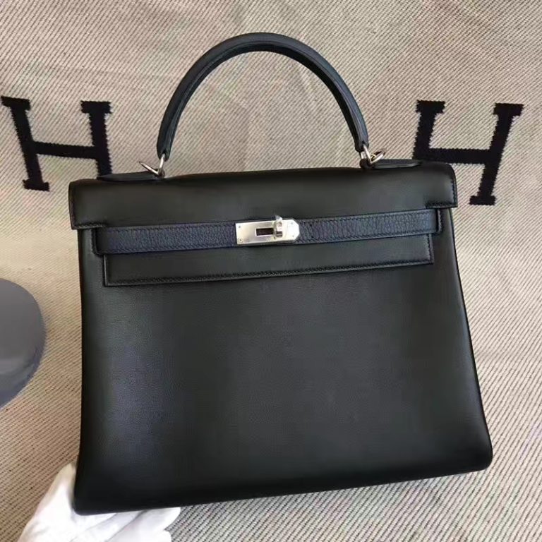 Hermes Black Swift & Duck Blue Togo Leather Kelly Bag 32CM