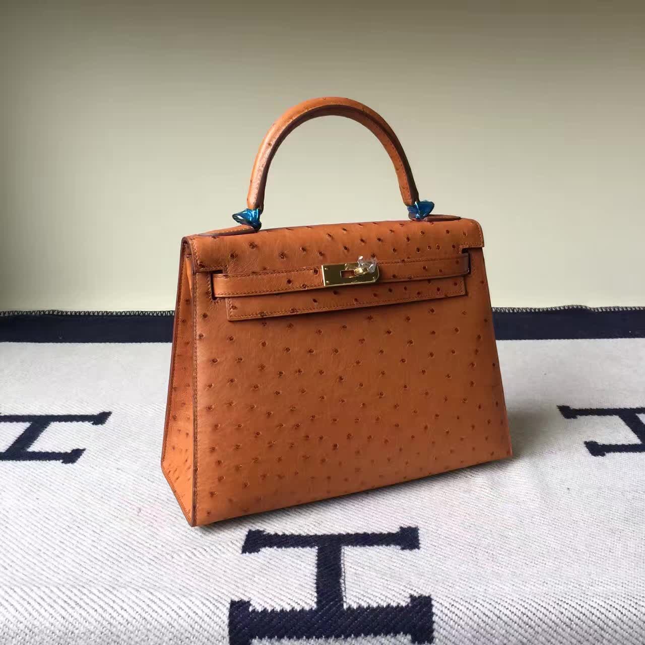 Hand Stitching Hermes 37 Gold Ostrich Leather Sellier Kelly28CM Bag