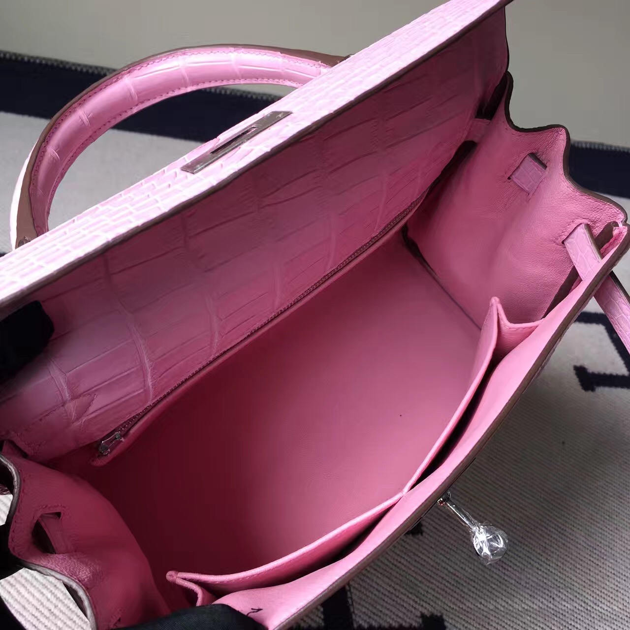 Hermes Bag Website 5P Rose Sakura Crocodile Matt Leather Hermes Kelly Bag28CM