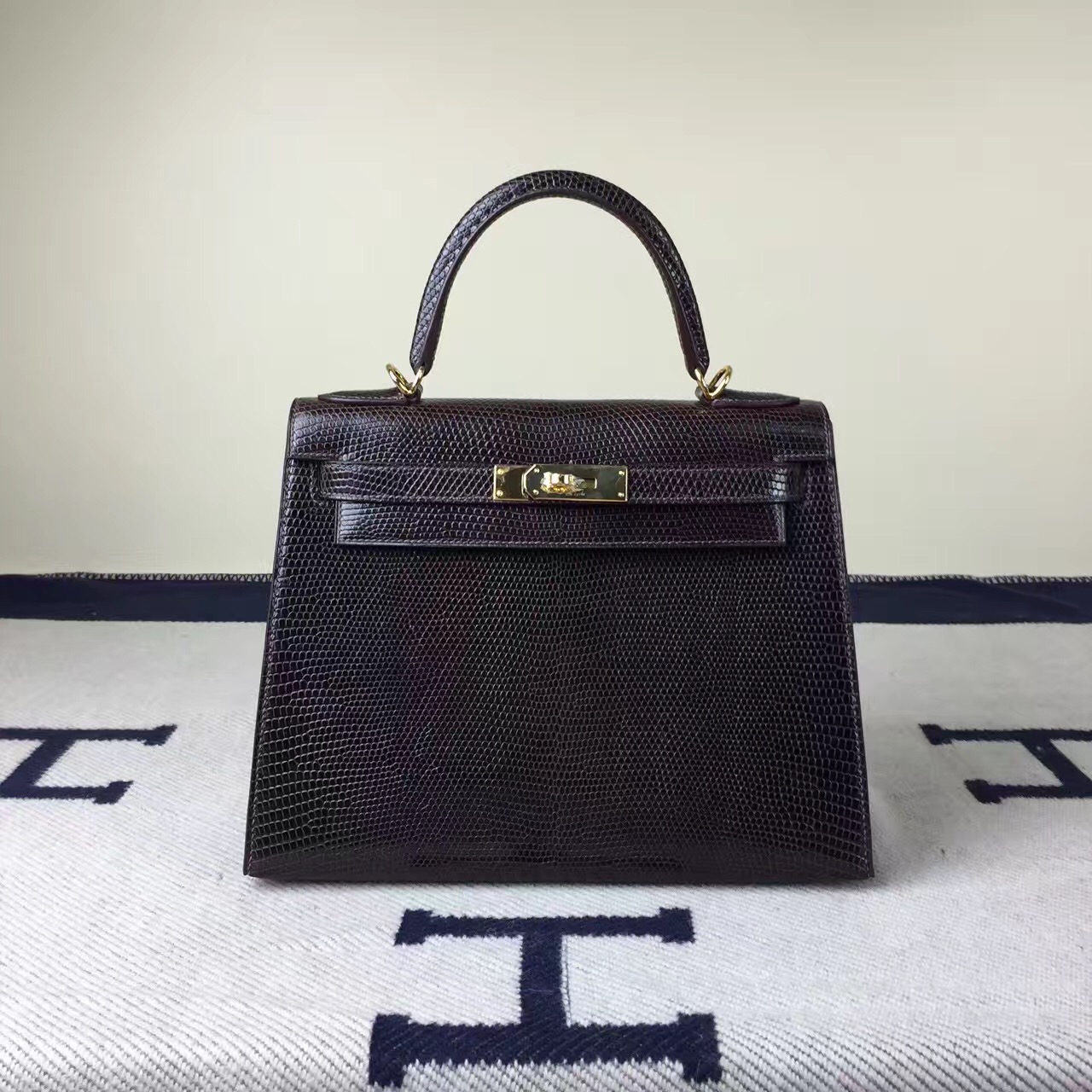 New Fashion Hermes CK89 Black Lizard Shiny Leather Sellier Kelly28cm