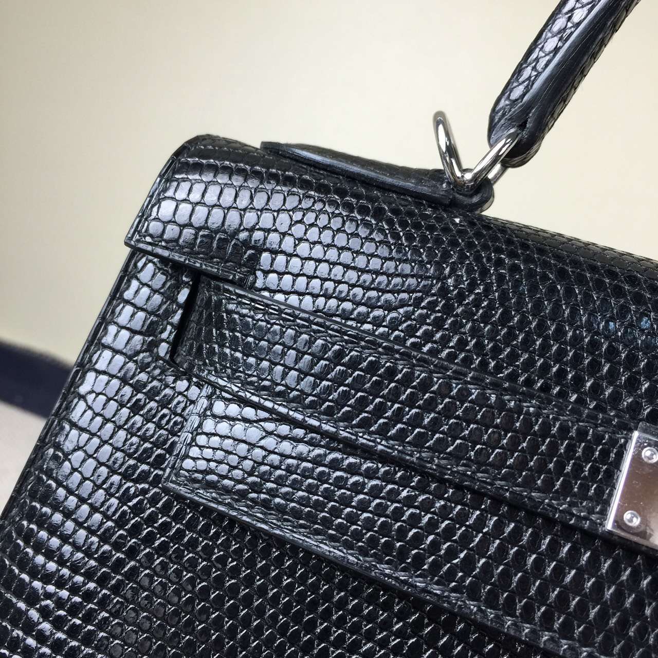 New Fashion Hermes CK89 Black Lizard Shiny Leather Sellier Kelly28cm