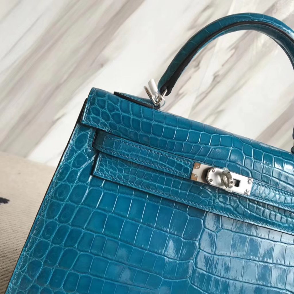 Stock Fashion Hermes 7W Blue Izmir Shiny Crocodile Kelly25CM Women&#8217;s Bag Silver Hardware