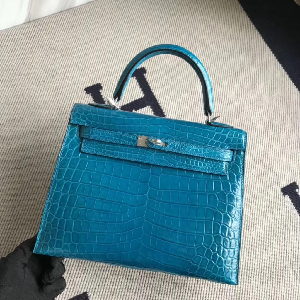 Stock Fashion Hermes 7W Blue Izmir Shiny Crocodile Kelly25CM Women&#8217;s Bag Silver Hardware