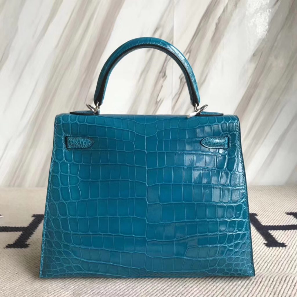 Stock Fashion Hermes 7W Blue Izmir Shiny Crocodile Kelly25CM Women&#8217;s Bag Silver Hardware