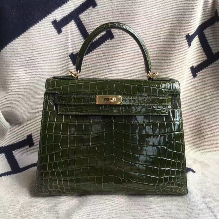 Hermes Canopee Green Crocodile Shiny Leather Sellier Kelly Bag 28CM