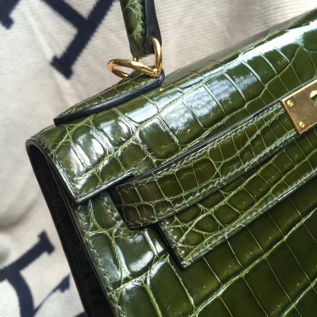New Arrival Hermes Canopee Green Crocodile Shiny Leather Sellier Kelly Bag28CM