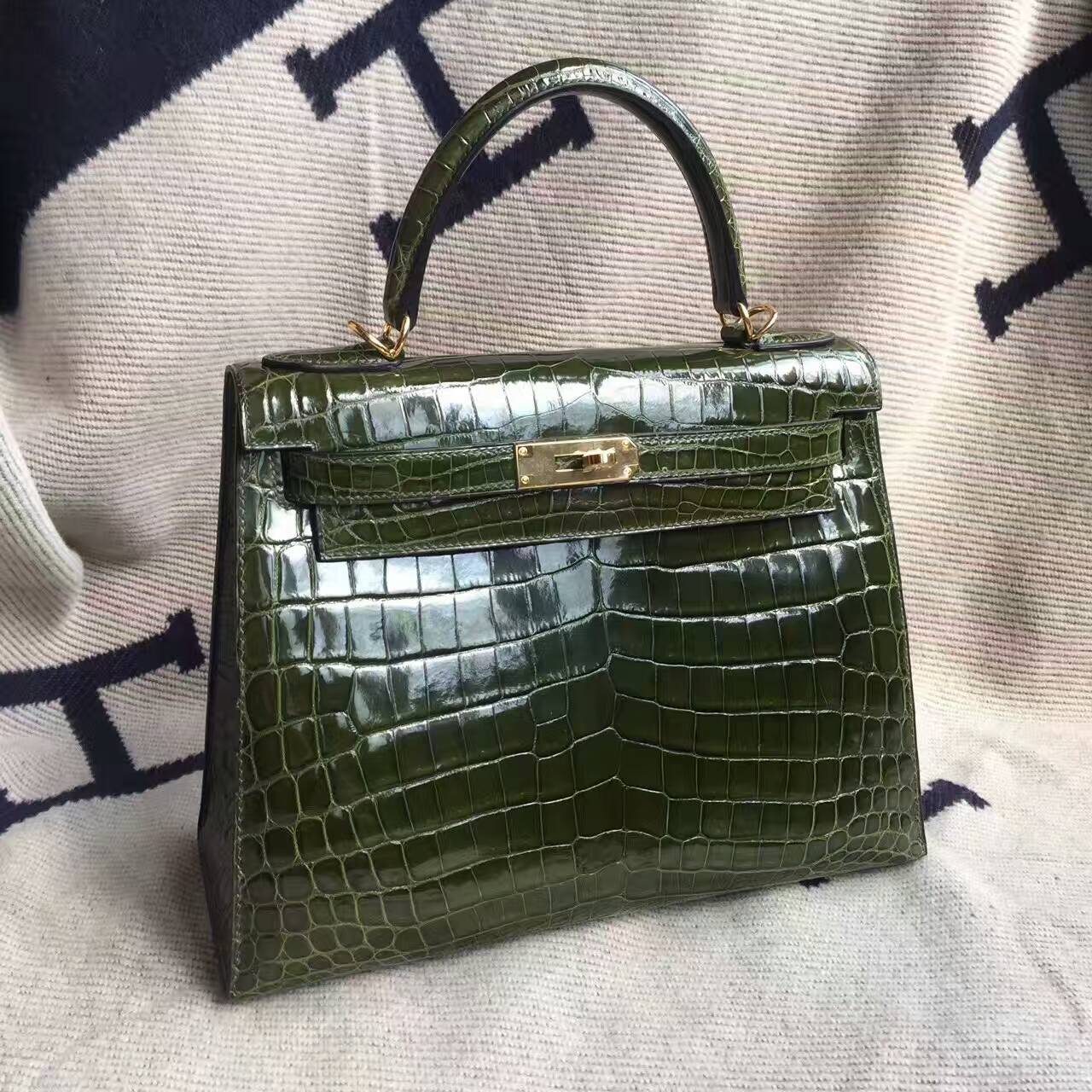 New Arrival Hermes Canopee Green Crocodile Shiny Leather Sellier Kelly Bag28CM