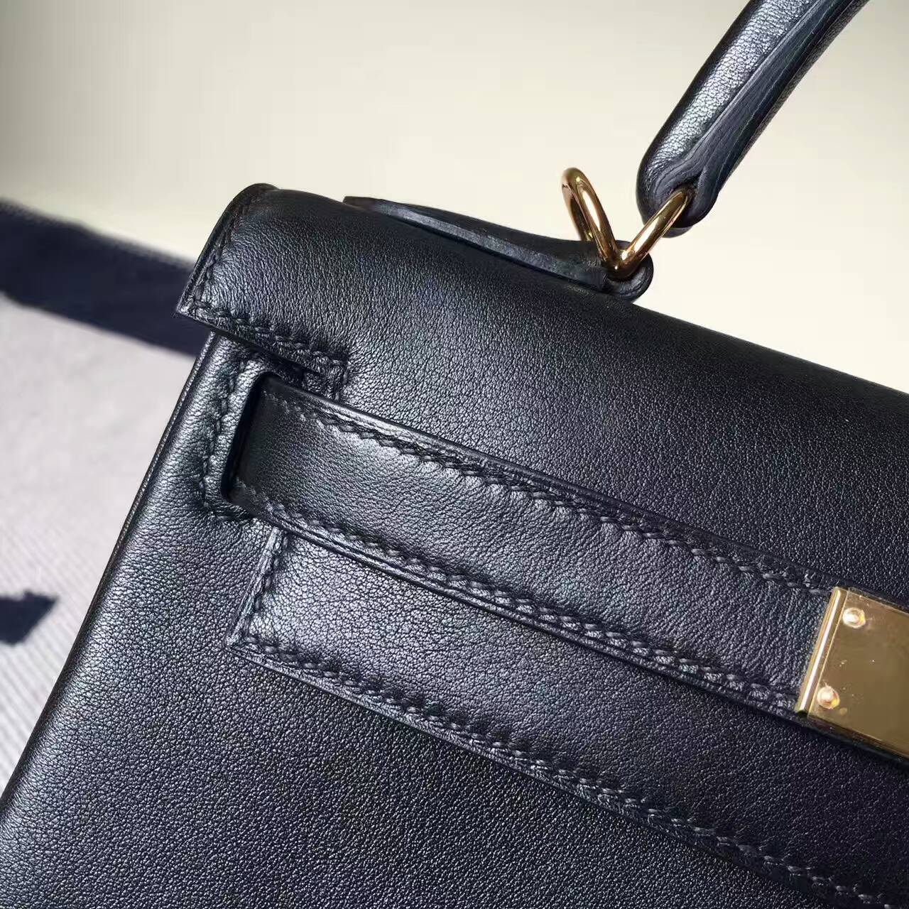 Discount Hermes Swift Calf Leather Kelly Bag28CM in CK89 Black Gold Hardware